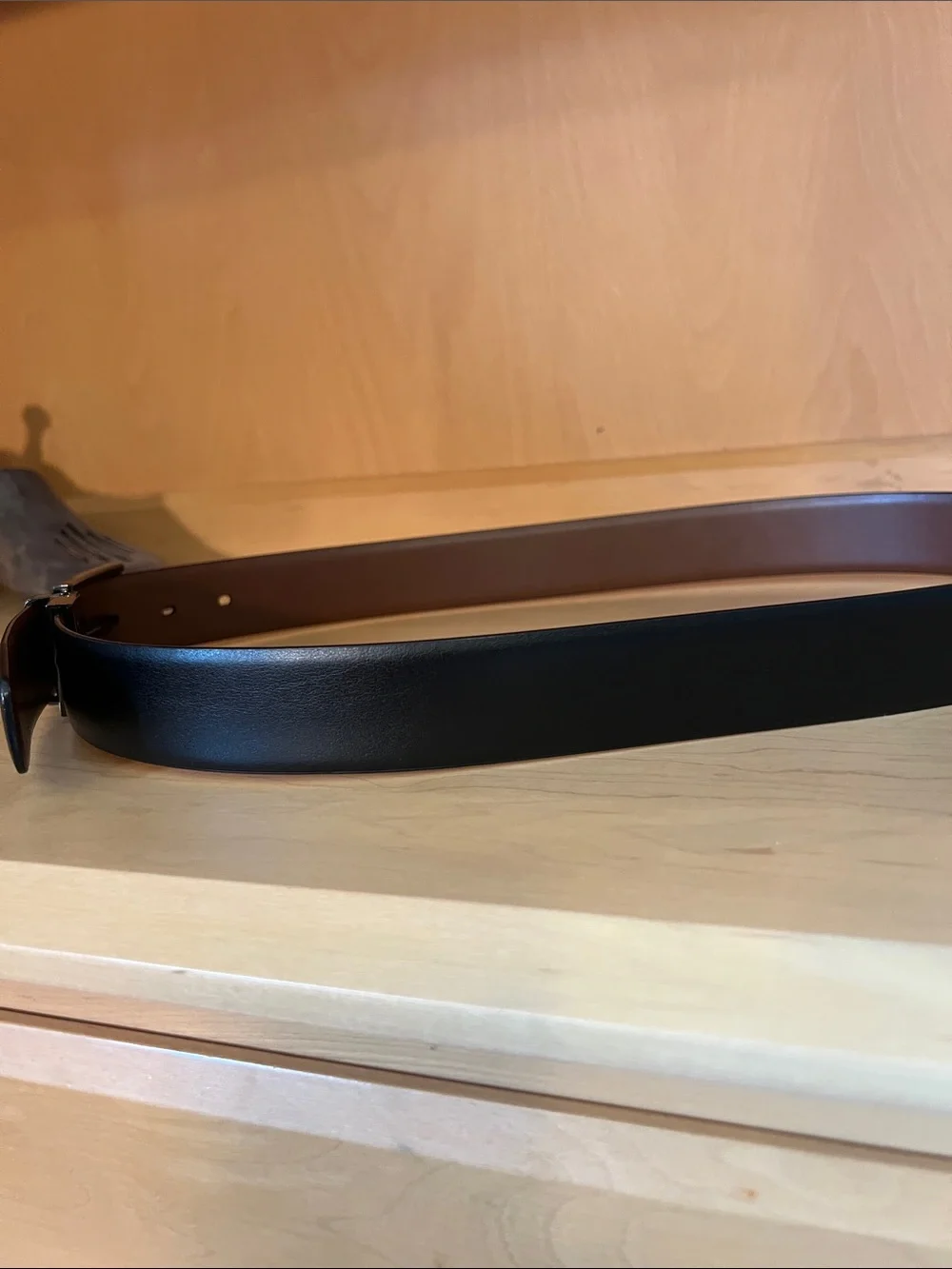 Reversible Black/Brown Leather Dress Belt with Textured Buckle